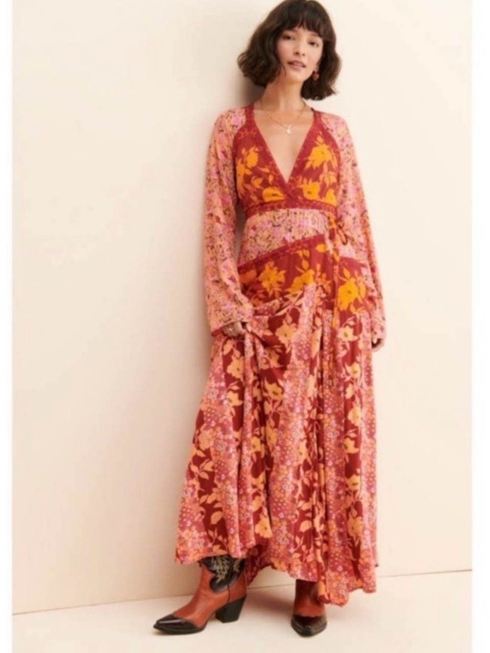 Free People Tilda Bohemian Red Floral Wrap Maxi Dress Size Small NWT